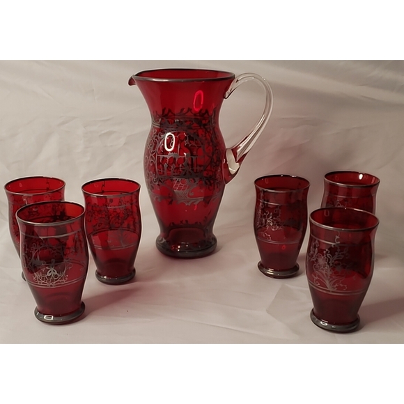 Other - Venetian red Pitcher/glasses silver overlay set
Pi